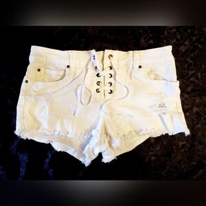 Billabong Shorty Shorts 27 White Slide-On Lace-Up Front Stretch Fringe Hem EUC
